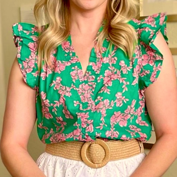JCREW Floral Sleeveless Ruffle Top Green Pink Button Up Vneck Flutter Sleeve - Picture 2 of 8